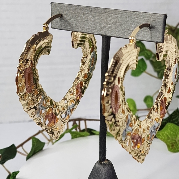 Statement Large Gold Filled Filigree Puff Heart Hoop Earrings Tricolor - Picture 5 of 6